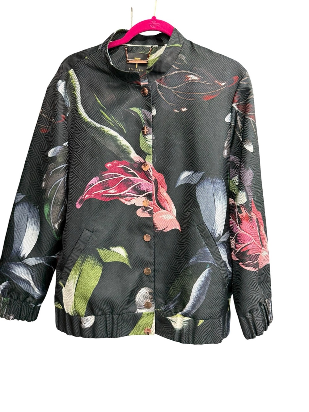 Ted Baker Black Floral-Print Bomber Jacket with Pink & Green Accents